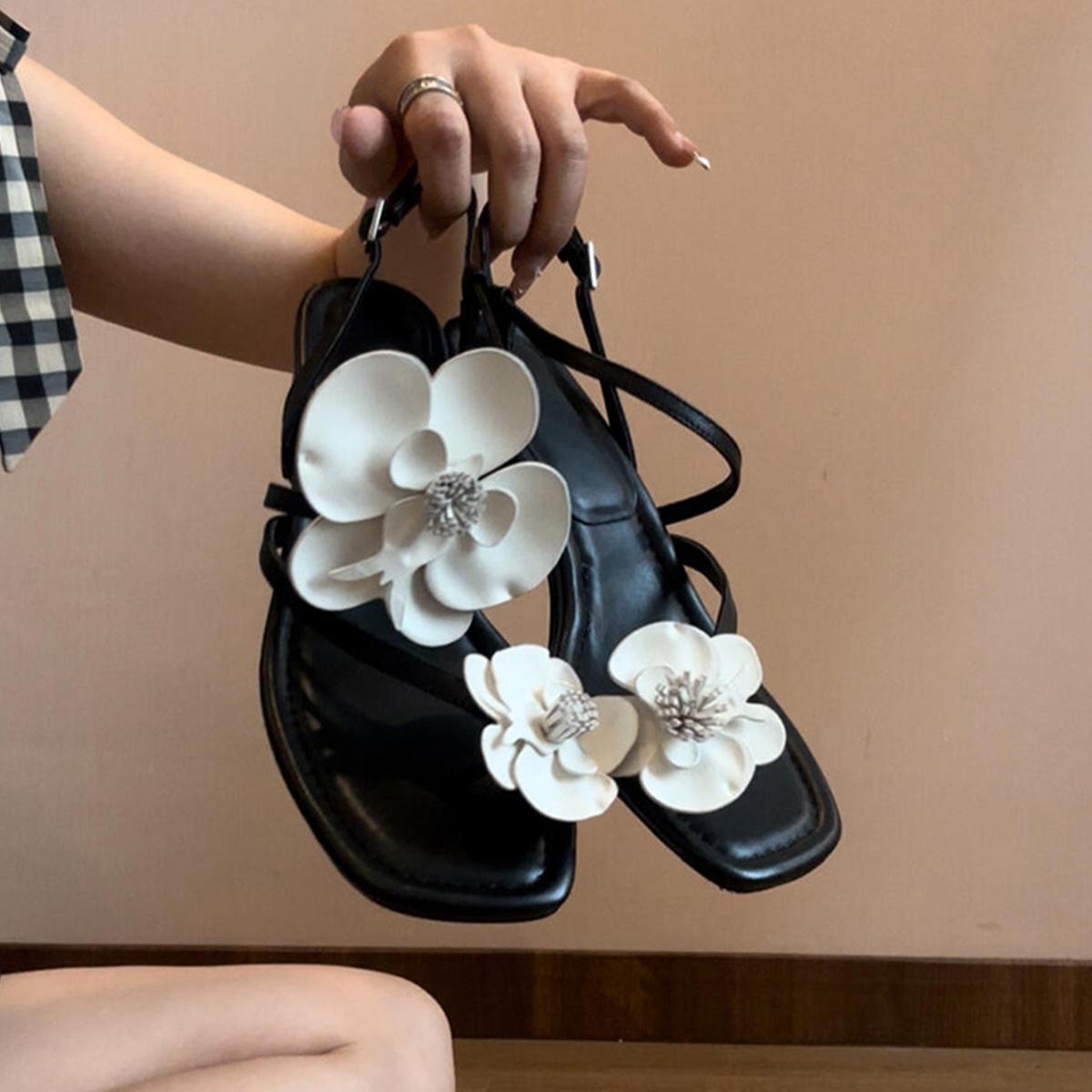 

Sheepskin version~ niche holiday style word with flowers thick heel sandals women s head open toes with skirt leather women s shoes 35