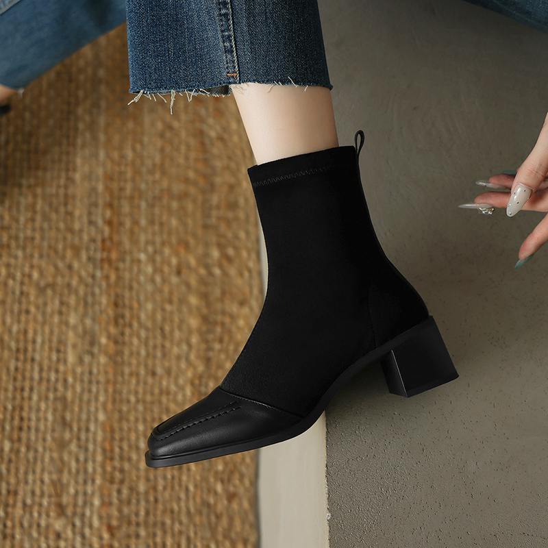 Krazing Pot Cow Skin Winter Square Toe Chelsea Boots Med Heels Zipper Women Flock Patch Work Ankle Boots