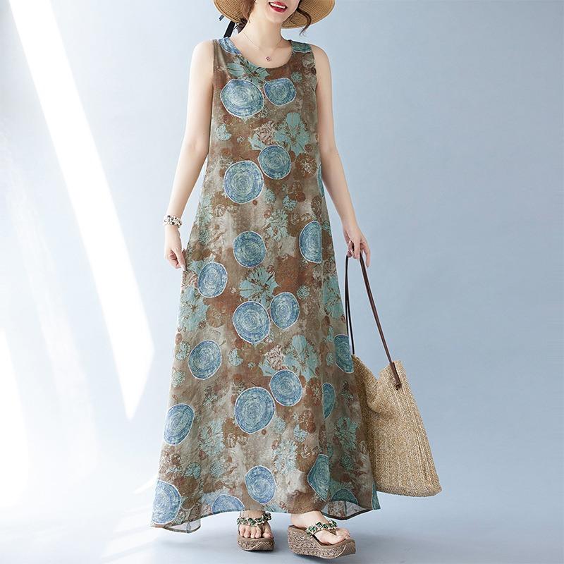 Real Summer New Bohemian Literary Loose Round Neck Print Sleeveless Dress Women's Medium and Long