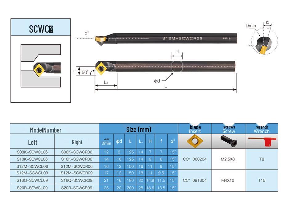 50° Inner Hole CNC Tool Holder S12M/S16Q/S20R-SCWCR09/SCWCL09