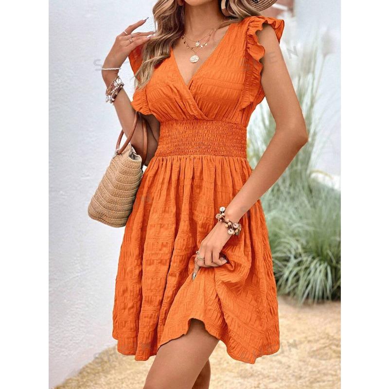 Moda Scollo a V Pieghettato Estivo Ruffles Vestito Vestibilità Aderente Sottile Elegante Monocolore Linea ad A Festa Casual Vestiti Corti Streetwear Dolce Semplice Abbigliamento Donna