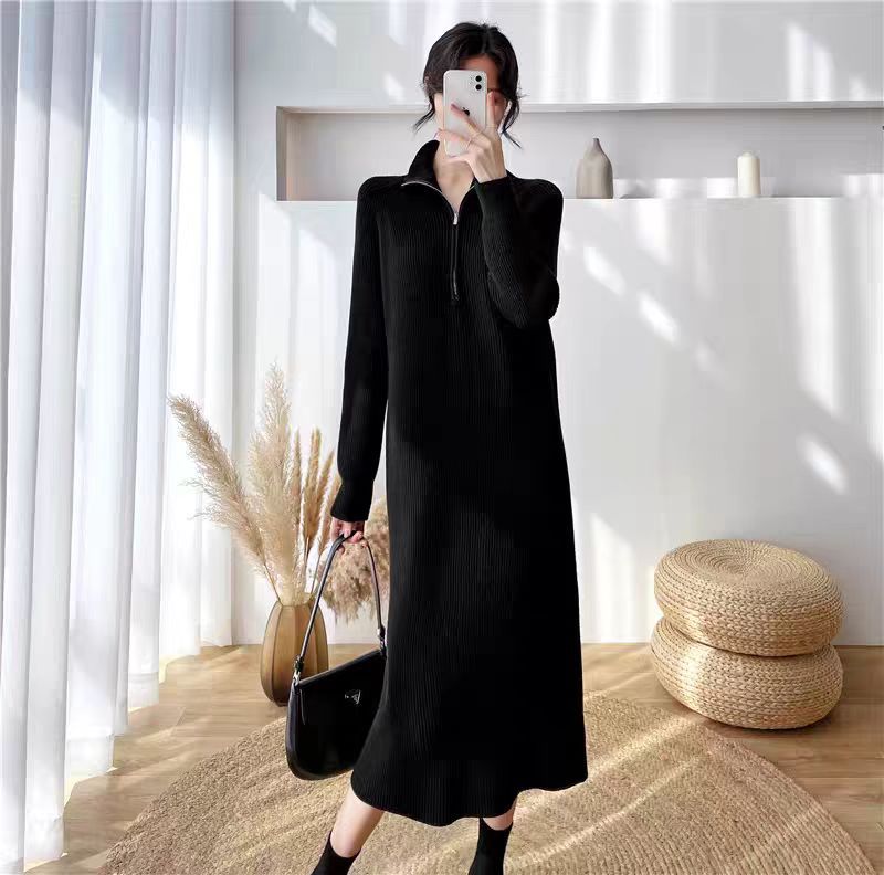 Women's Temperament Knitted Sweater Medium and Long Fashion Pullover Sweater Loose Zipper Bottom Dress
