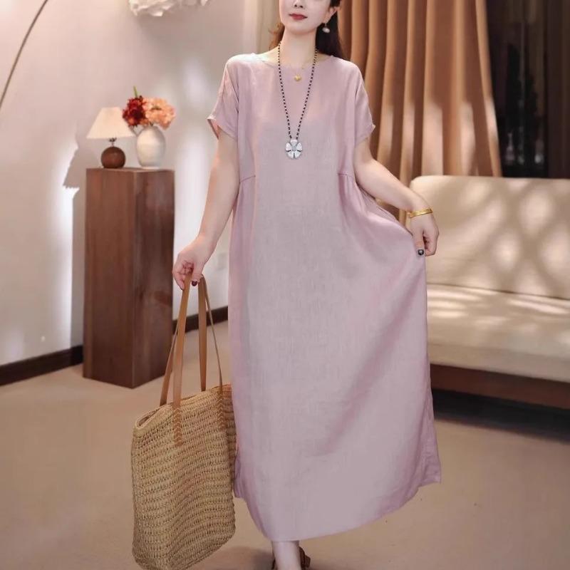 Womens Solid Color Crew Neck Short Sleeve Linen Blend Maxi Dress