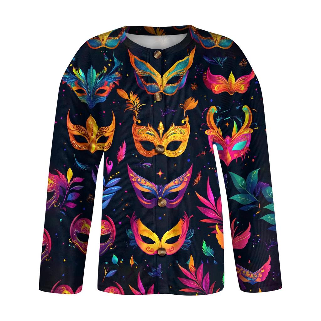 Women's Mardi Gras Print Long Sleeve Knit Cardigan Button Jacket