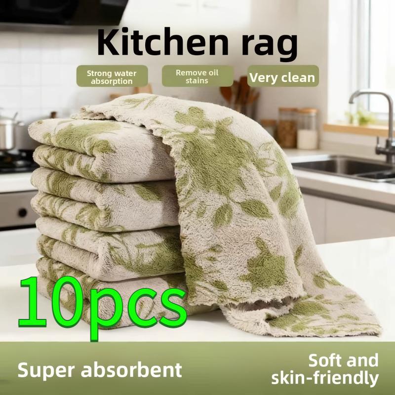 

10pcs Coral Kitchen Dish Cloths – Soft Thick & Reusable, Green Rose Pattern for Table, Countertop & Stove