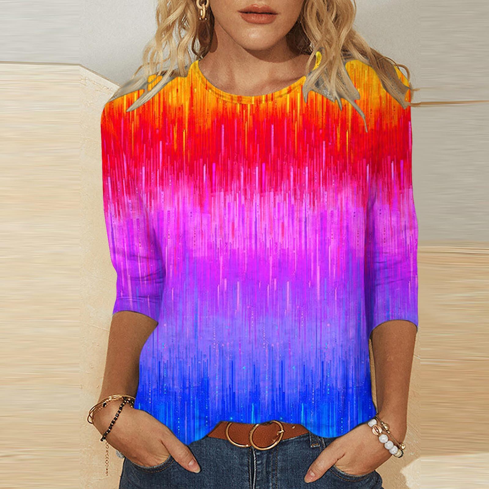 

Модная и энергичная контрастная футболка с радужным градиентным полосатым принтом, с круглым вырезом, длинными рукавами, свободного кроя, повседневная, женская 5XL