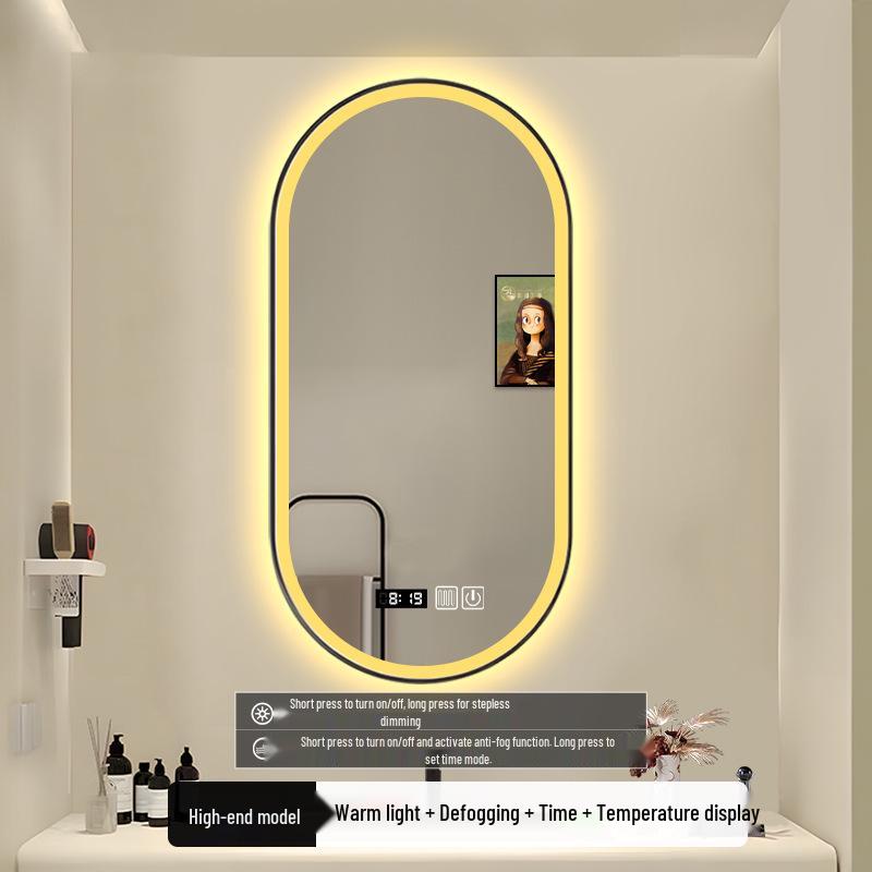 Oval LED Illuminated Aluminum Bathroom Mirror with Smart Makeup Features
