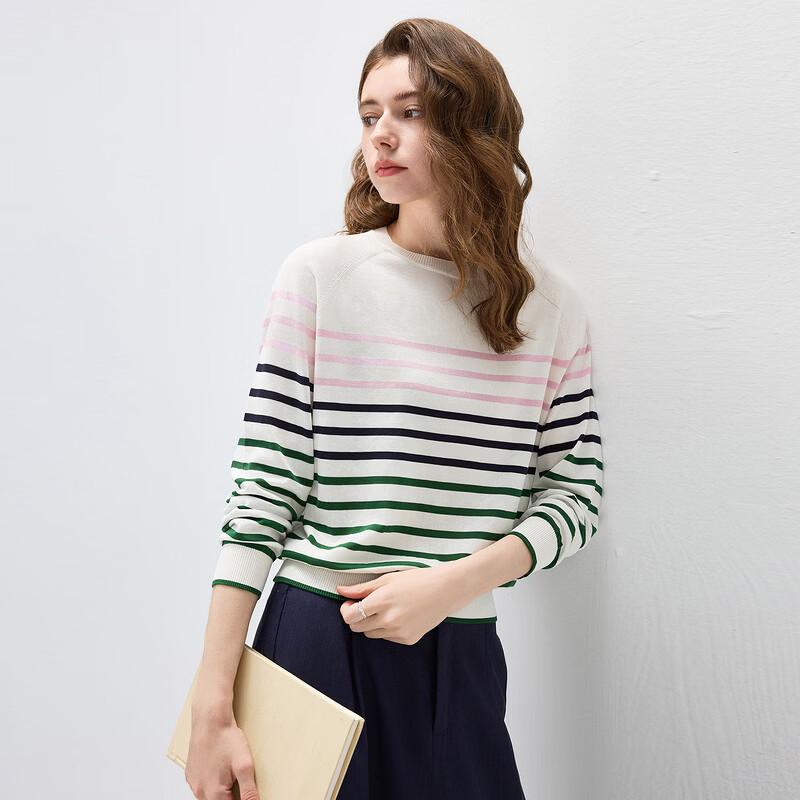 Women's Striped Mulberry Silk Blend Long Sleeve Knit Top