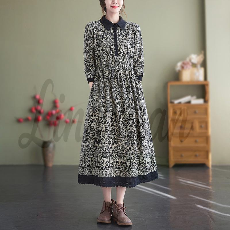Autumn Literary Print Cotton and Linen Long Shirt Dress XL чёрный/цветочный