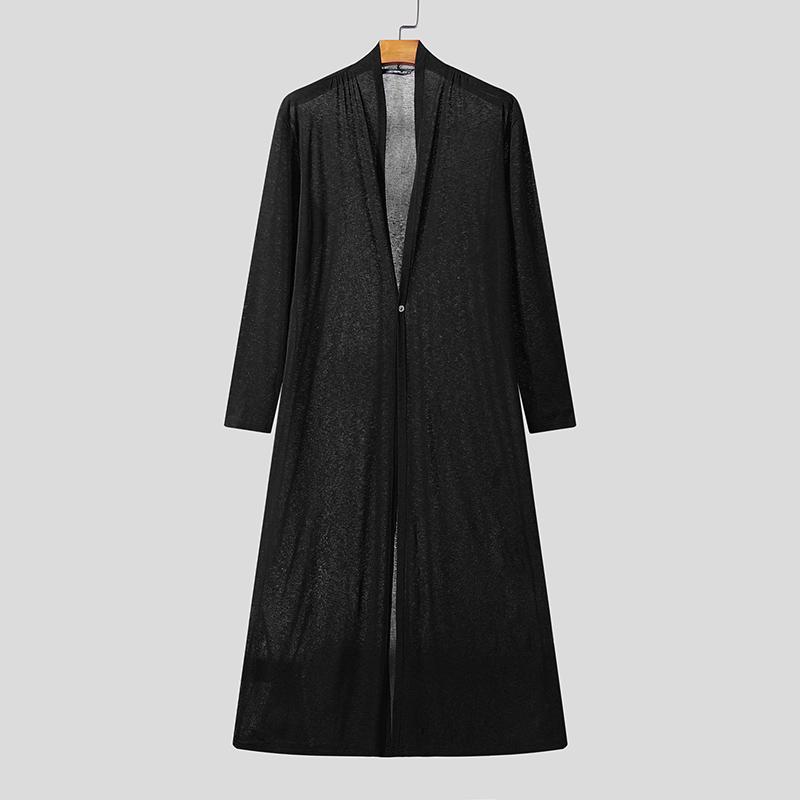 INCERUN Men Long Sleeve See Through Open Front High Splits Casual Long Mesh Sheer Shirts