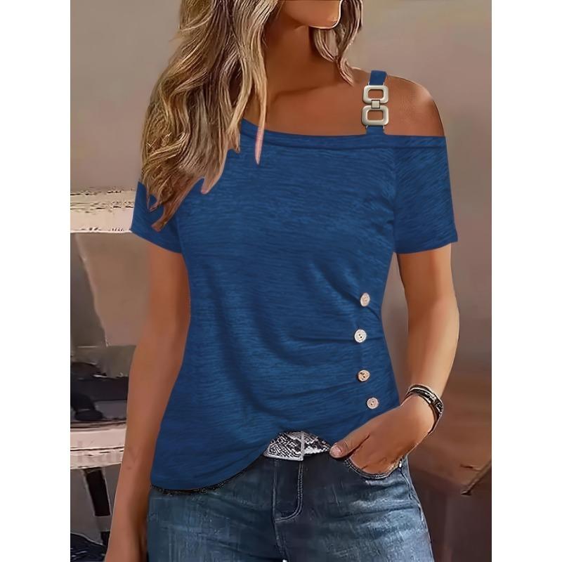 New Summer Women's Simple Short-sleeved Metal Button Pleated T-shirt Top