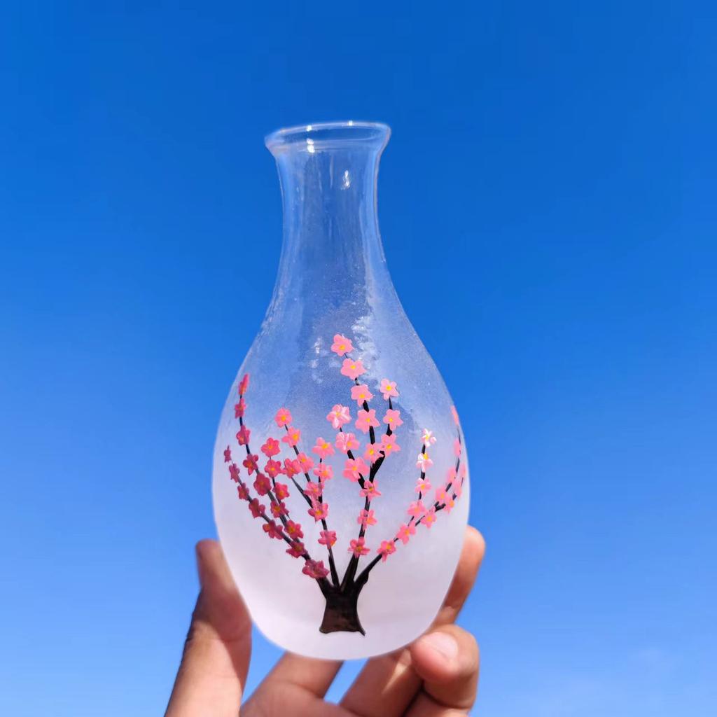 Japanese Retro Sake Set Hand Painted Plum Blossom Glass Sake Bottle Cups Warmer