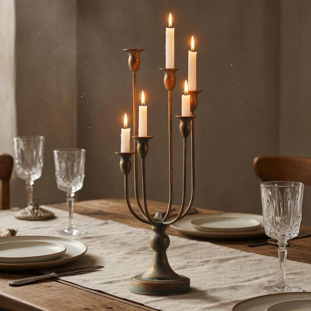 6 Arm Candelabra Worn Finish Tabletop Bronze Toned Iron Candle Stand