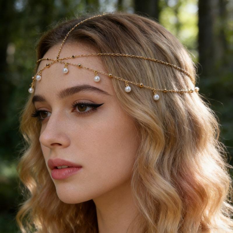 Fashion Bride Crystal Pendant Tassel Hair Chain For Women Exquisite Metal Geometric Multilayer Thin Head Chain Wedding Jewelry