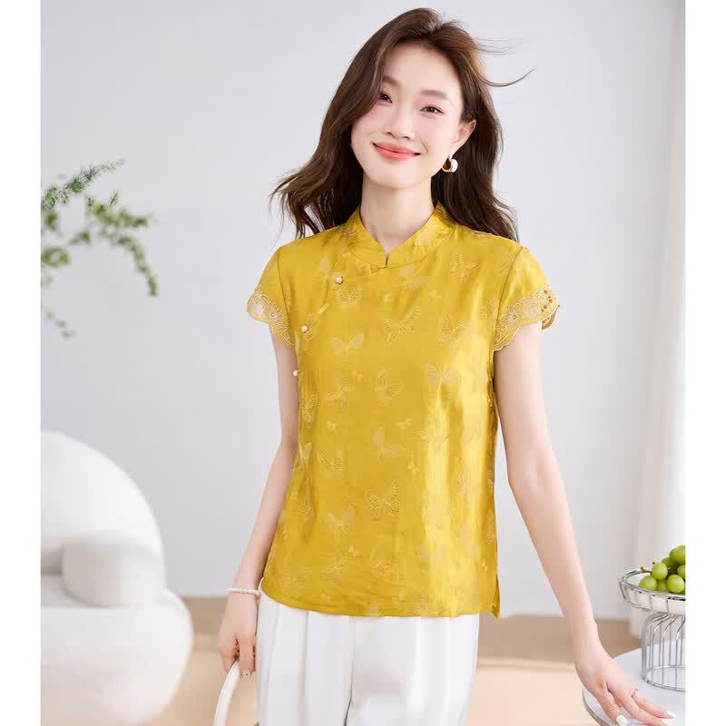 ORIGIN Women's New Chinese Style Printed Stand Collar Shirt