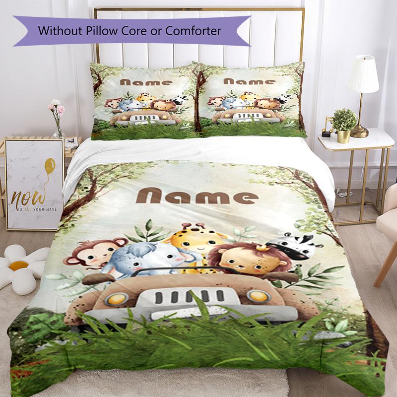 3pcs Custom Name Animals Bedding Set Duvet Cover Closure Includes 1 Duvet Cover & 2 Pillowcases, Soft and Comfortable for All Seasons.