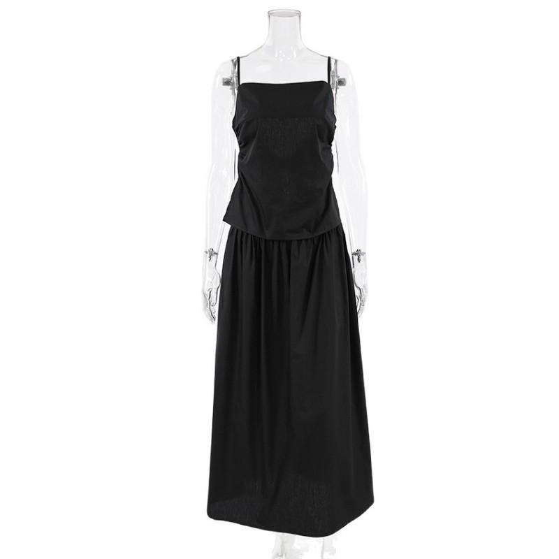 Womens French Style Black Cami Dress Set Cotton High Waist Long Skirt 2 Piece Outfit