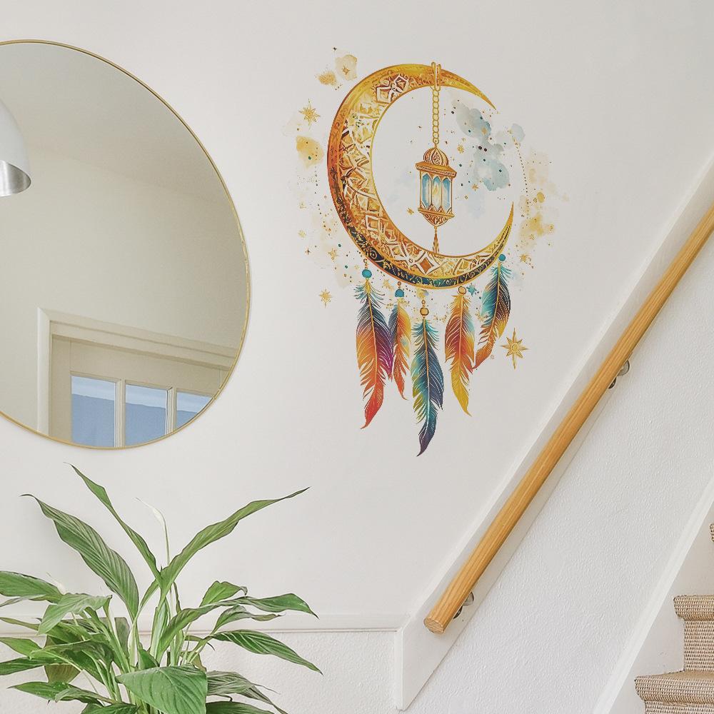 Creative Moon Feather Pattern Wall Stickers for Bedroom Living Room Home Background Decoration