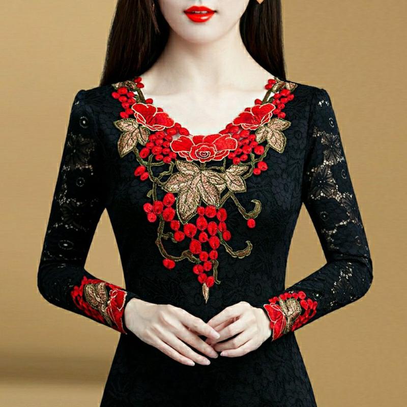 

Женская корейская мода винтажная сексуальная кружевная вышивка базовая футболка осень зима элегантный V-образный вырез длинный рукав приталенные топы Ropa De Mujer XXL красный