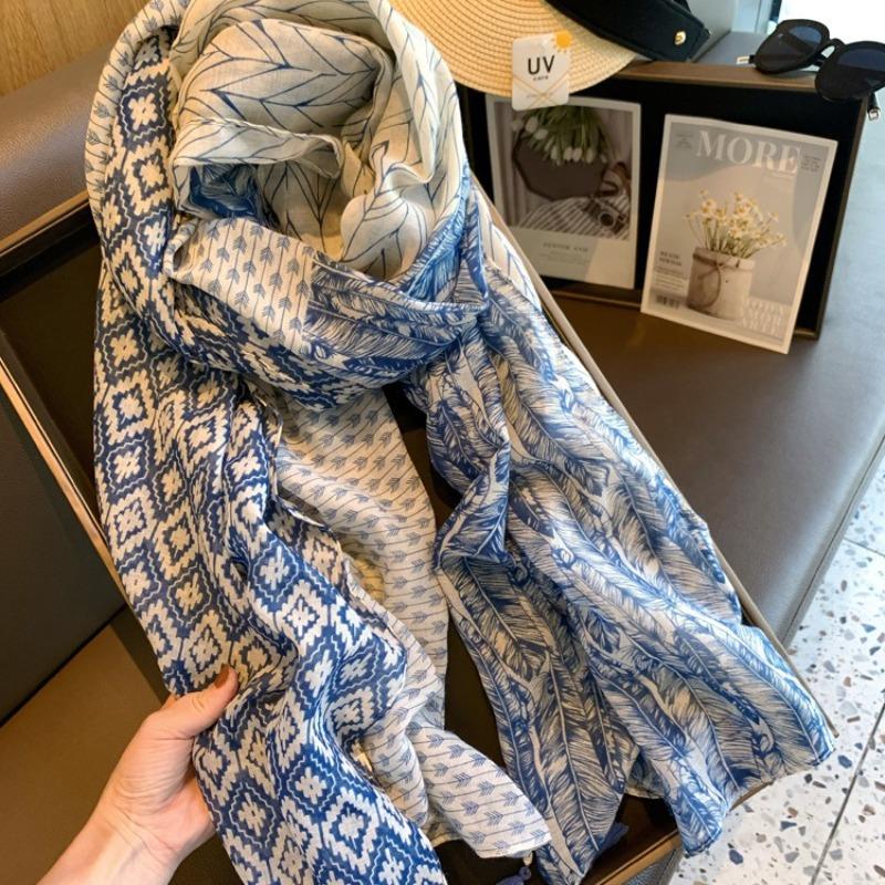 Silk Scarf Women's Summer Versatile Thin Gauze Cotton and Linen Scarf Blue Feather Fringed Beach Towel Sun Protection Shawl