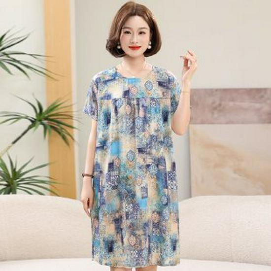 Summer Cotton Silk Knee-Length Floral Dress for Middle-Aged and Elderly Women - Short Sleeved, Lightweight, Plus Size, Loose Fit