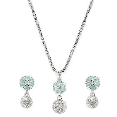 Plated Silver Toned Green Cubic Zirconia Studded Floral Shaped Cute Pendant with Earrings Jewellery Set