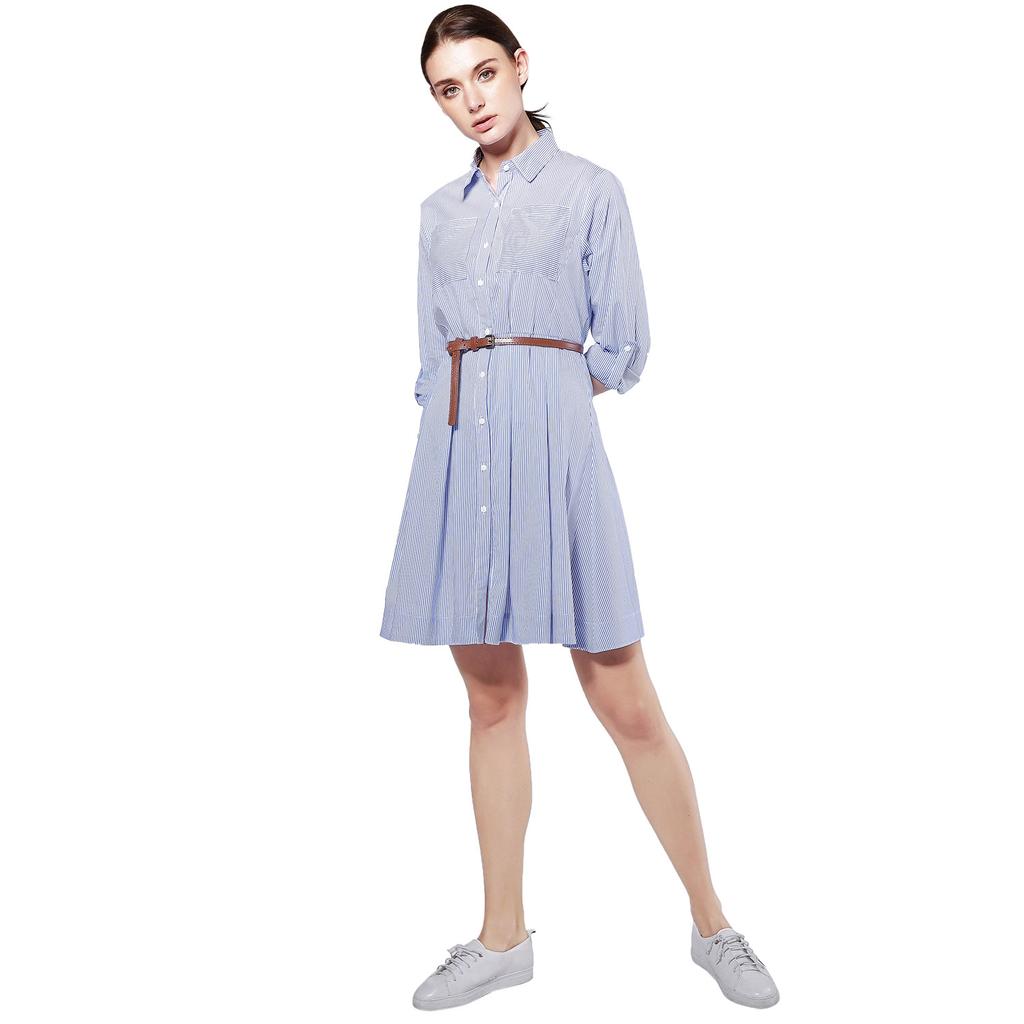 Spring and Summer Women's Dress Long-sleeved A-shaped Striped Shirt Skirt Long Commuter Pleated
