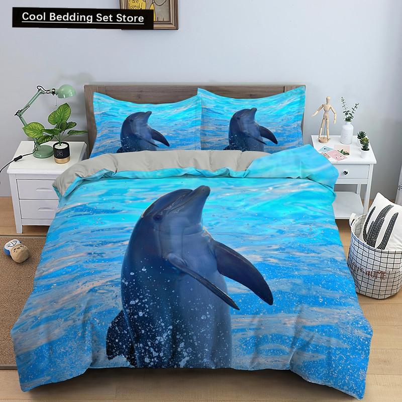 Ocean Dolphin Duvet Cover King Queen Size Cute Dolphin Jumping In The Blue Sea Bedding Set Children 3D Animal Sunset Quilt Cover