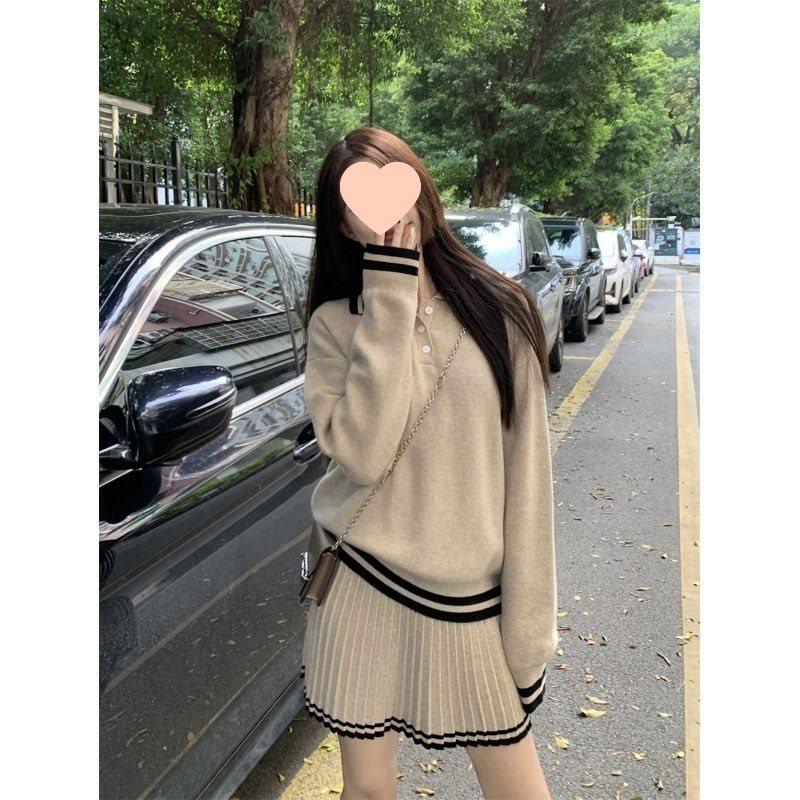 Korean Style Loose Fit Knitted Sweater & Pleated Midi Skirt Two-Piece Set