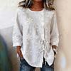 Women's Crew Neck Three Quarter Sleeve Top Loose Fit Floral Embroidery Drawstring Casual Blouse