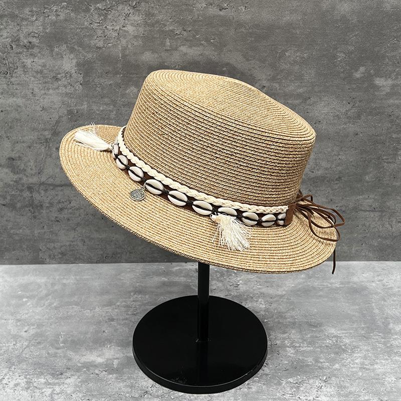 Ethnic Style Short Brim Flat Top Straw Hat Women'S Summer Travel Vacation Bohemian Flat Edge Visor Top Hat