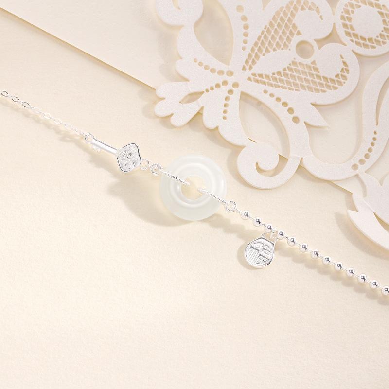 Chalcedony Ping An Buckle Fu Brand Bracelet Women's Guochao New Chinese Niche Retro Round Bead Red Bean Bracelet Women