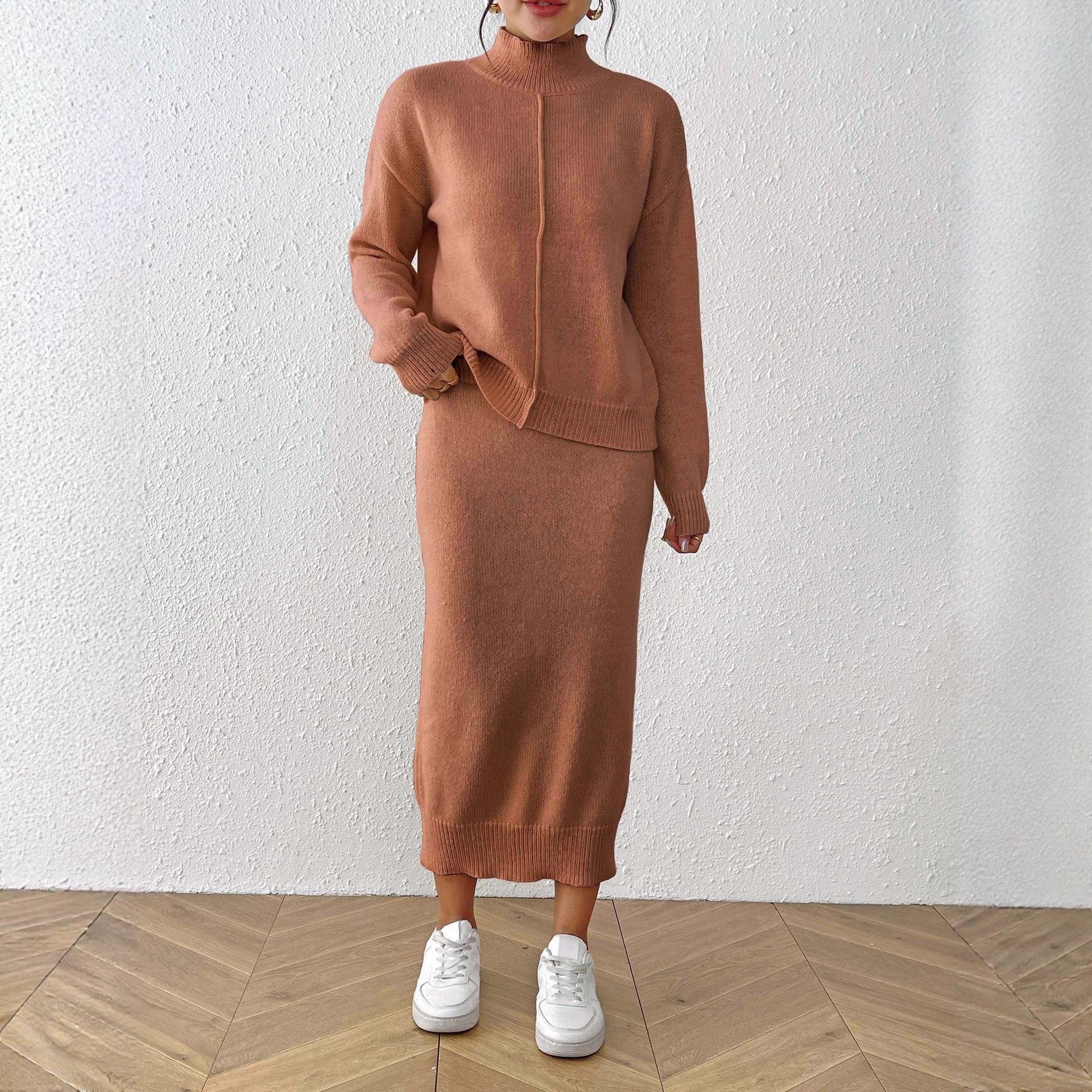 

Женский однотонный элегантный и стильный однотонный комплект, пуловер с полувысоким воротником, юбка по бедрам, полуюбка, комплект из двух предметов XL кофейный