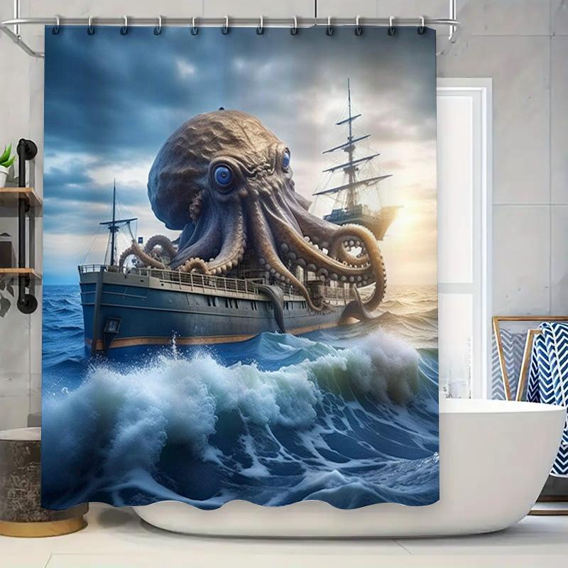 

Underwater Adventure Shower Curtain Octopus Attack Design Blue Ocean Waves Decor Bathroom Fabric Waterproof For Kids Adults Bath W60H190(CM)-1 Pcs