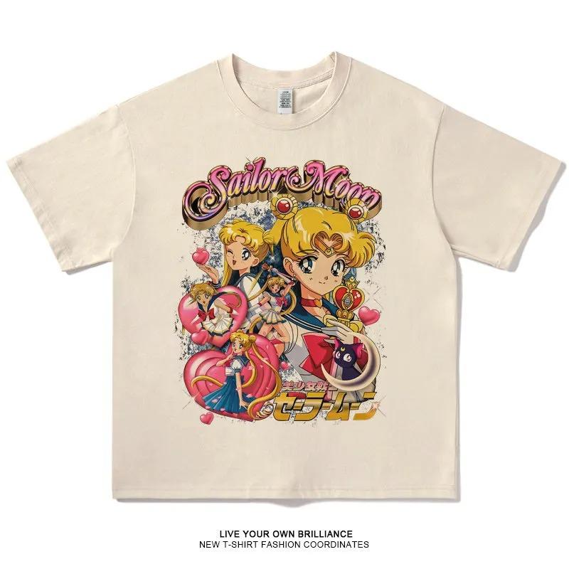 Stylish White Cotton T-Shirt Featuring Sailor Moon and Inner Senshi Retro Anime Group Graphic T-Shirt