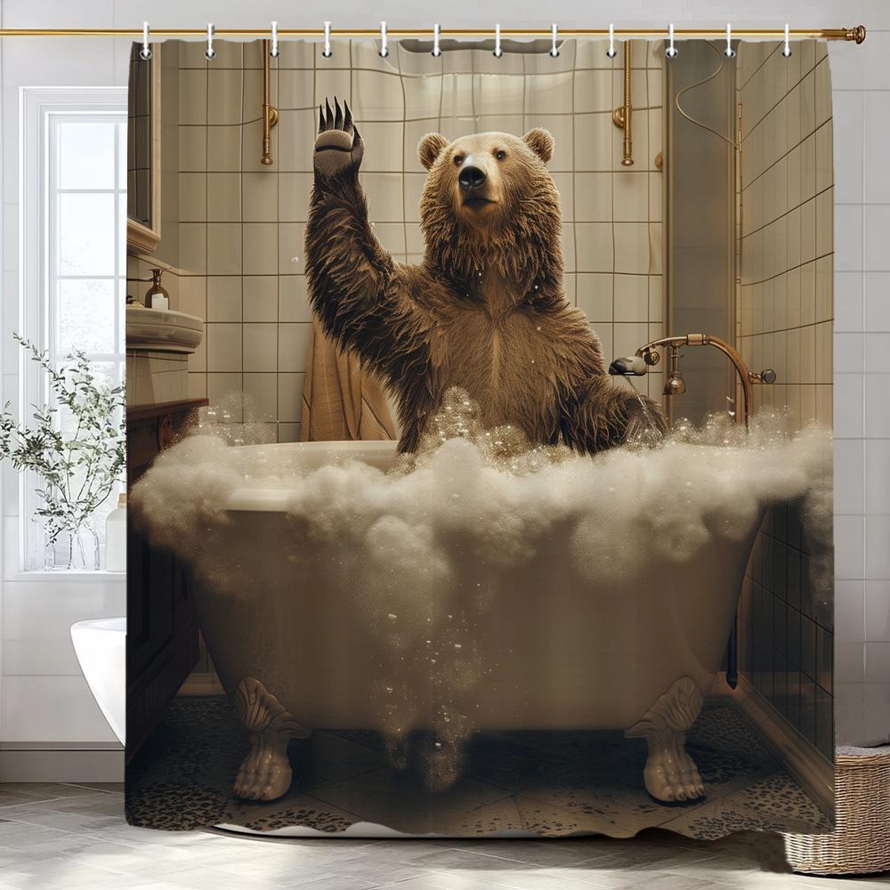 Cute Brown Bear in Bath Shower Curtain, Bathroom Decorative Shower Curtain, Waterproof Shower Curtain with Hooks