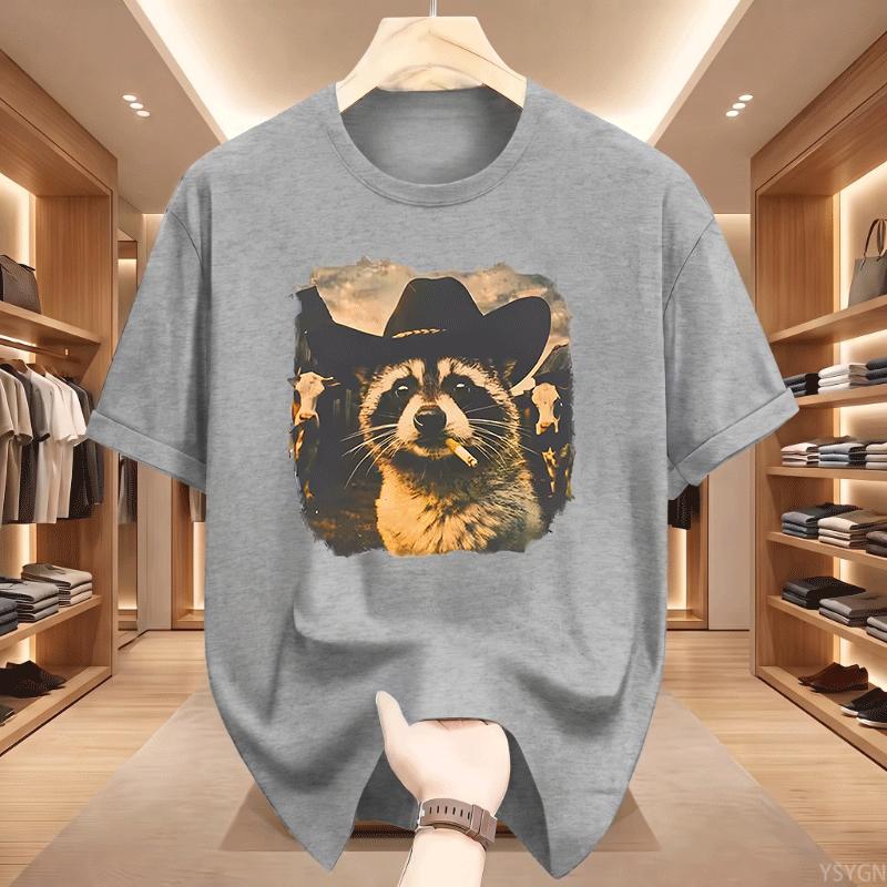 Funny Cowboy Raccoon Unisex Unisex Tshirt Animal Meme Graphic Tee Vintage Comfortable Short Sleeve Loose Tees Streetwear Tops