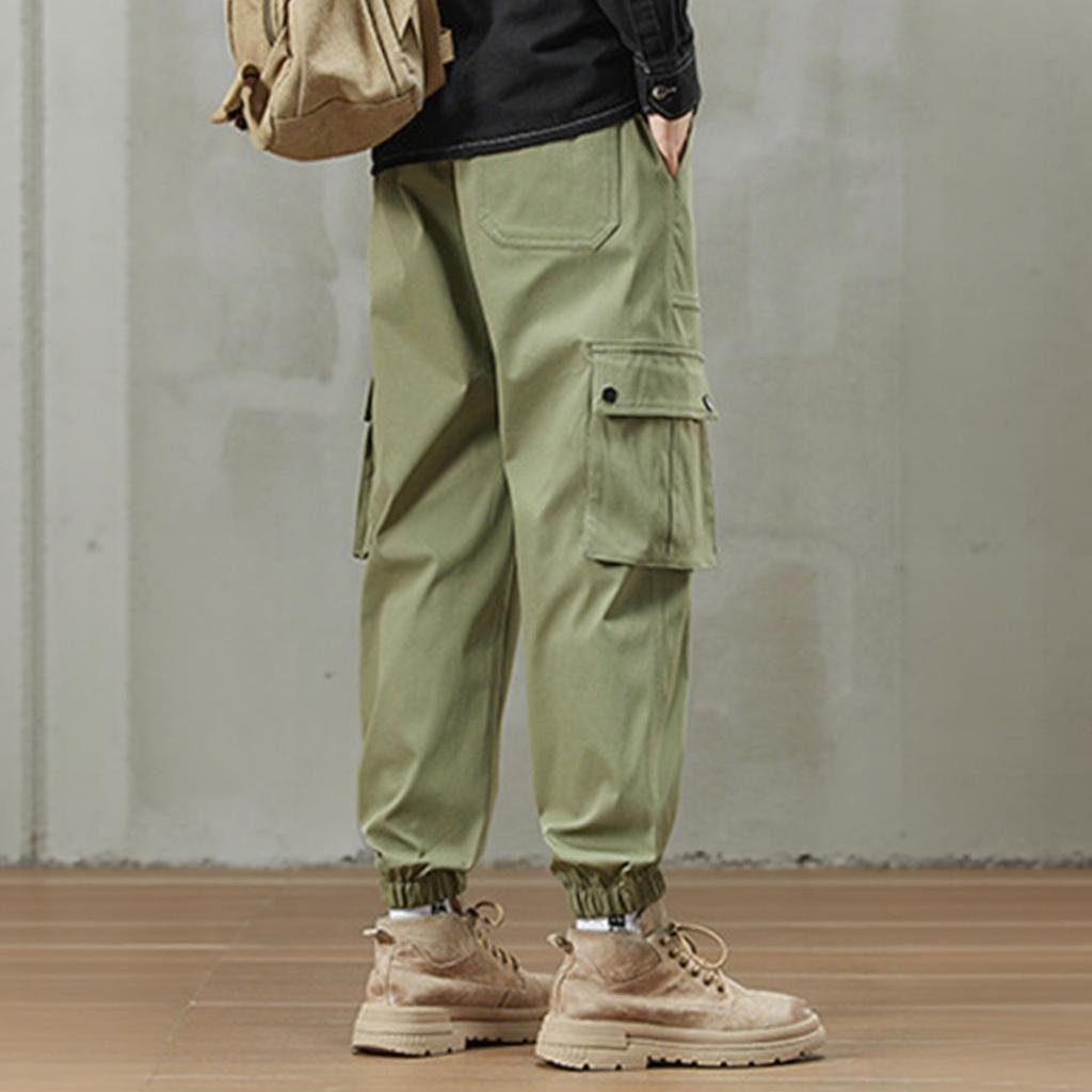 Men's Solid Color Overalls Loose Fitting Drawstring Pants Trendy Multi Pocket Casual Pants