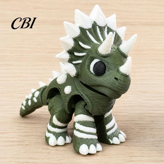 Dinosaur Fidget Toy 3D Printed Three-Horned Figurine with Articulated Joints, Green White Desk Thorn Pattern Decor Textured Spikes, Mini Collectible