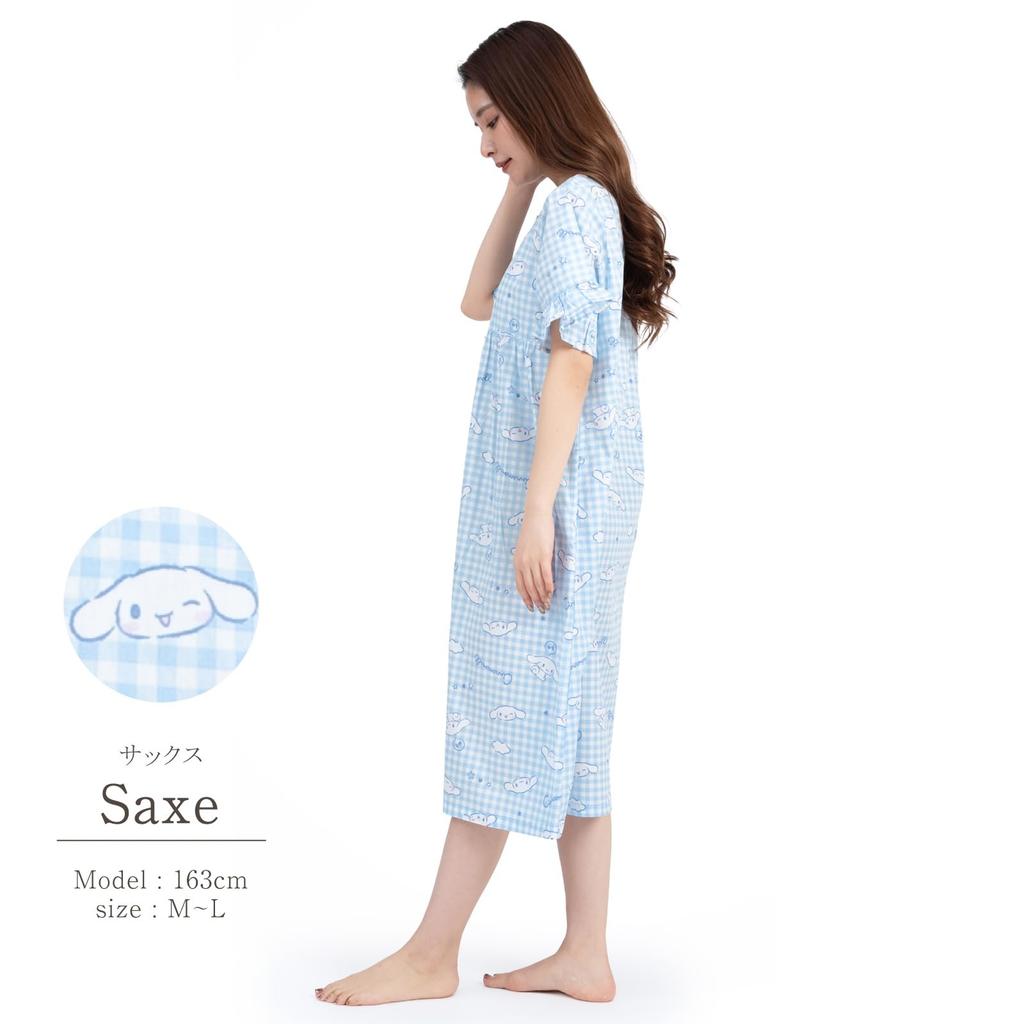 SAZAC Cinnamoroll Cotton Gingham Cinnamoroll Dress/Nightgown, 100% Broadcloth, Women's, Button-Front Loungewear, (Sax/M-L/SAN1781)