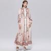 Women's Vintage Floral Print Long Maxi Dress Spring Stand Collar Long-Sleeve Single-breasted Fitted A-Line Dress