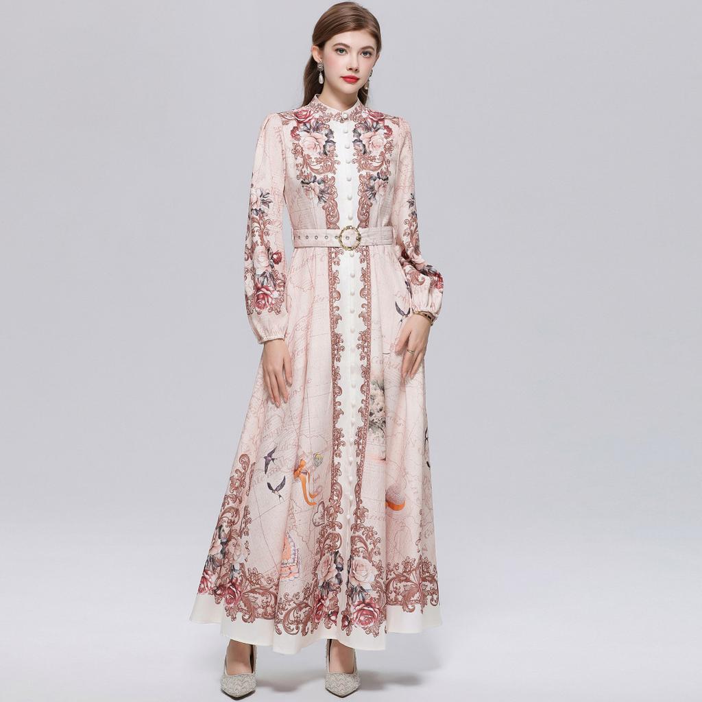 Women's Vintage Floral Print Long Maxi Dress Spring Stand Collar Long-Sleeve Single-breasted Fitted A-Line Dress