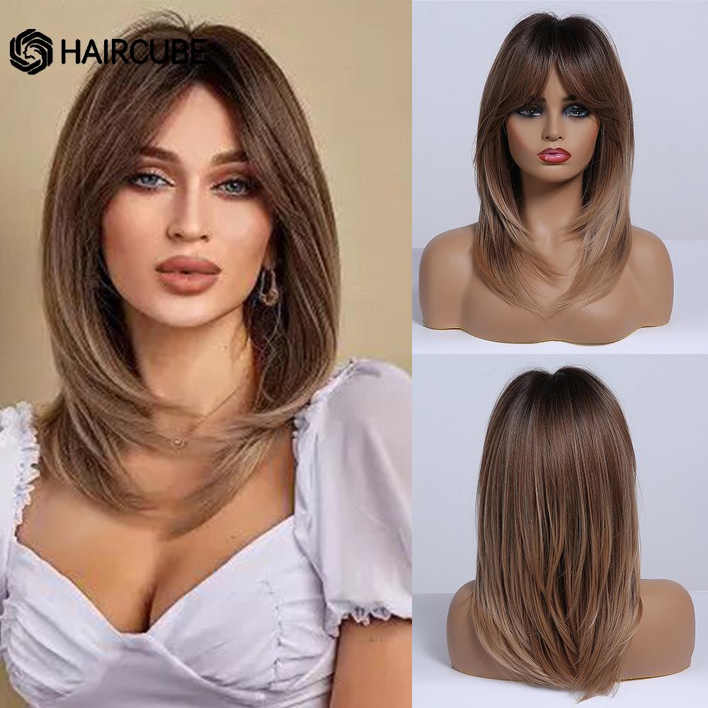 Medium Length Ombre Brown To Blonde Straight Hair Wigs with Bangs Synthetic Wigs for Women Cosplay Heat Resistant Natural Wigs