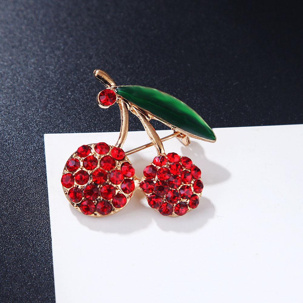 Fashion Green Fruit Leaves Cherry Oil Drop Brooch Female Rhinestone  Designer Brooch Pin Mini Bobby Pins Perfect Gift for Couples