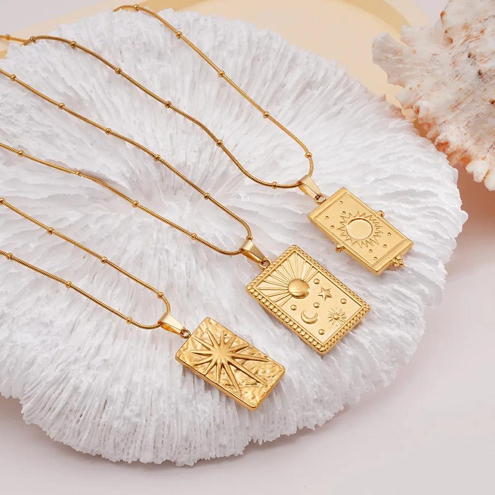 All Stainless Steel Gold Color Sun Moon Star Square Pendant Necklaces for Women Men Fashion Vintage Jewelry Gift for Friends