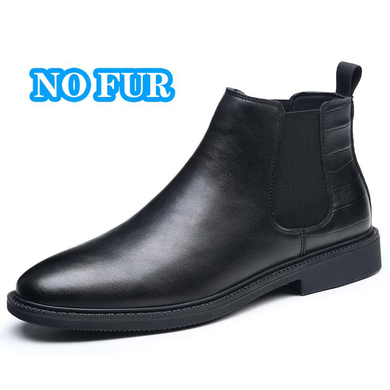 Fashion Warm Plush Fur Men Chelsea Boots New Winter Man Casual Boots Soft Leather Elastic Strap Ankle Boots Slip On Formal Business Shoe