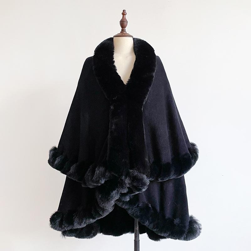 Winter Thicken Mink Wool Full Trims Faux Fur Cape Women's Hooded Loose Fleece Cloak Coat Party Wraps Warm