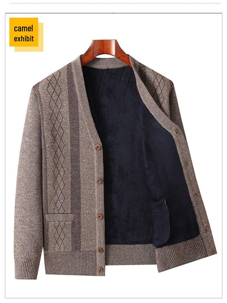 Men's Autumn-Winter Knit Cardigan: Thickened Velvet Sweater for Middle-aged and Elderly Dads and Grandpas.