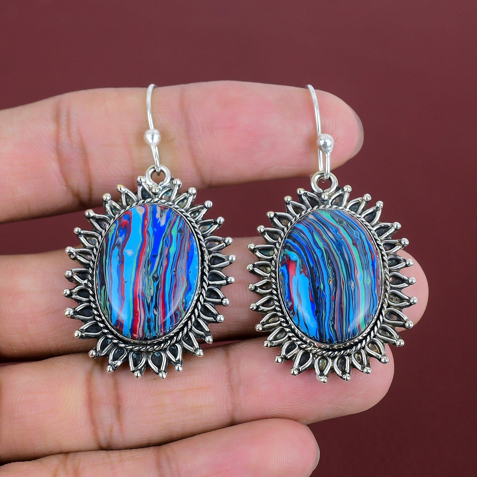 

Rainbow Calsilica Earring 925 Sterling Silver Earring Handmade Stylish Earrings Genuine Gemstone Jewelry Healing Stone Earring Gifts For Mom