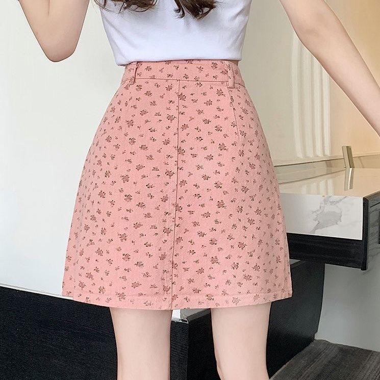 Korean Style Flowy Floral Denim Short Skirt With Zipper For Spring Summer Casual Wear